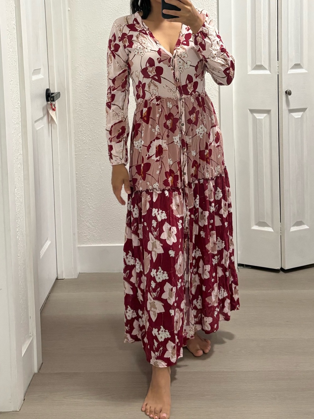 Floral Tiered Maxi Dress in Burgundy and Cream